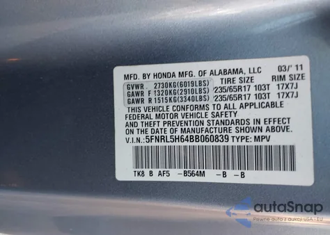 2011 Honda Odyssey Ex-L z USA, uszkodzony, nr VIN 5FNRL5H64BB060839